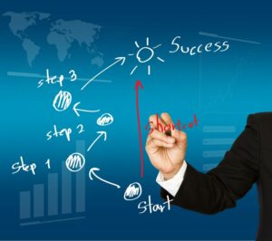 Entrepreneur plotting financial strategy on a budget, surrounded by startup innovation symbols