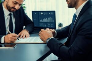 Team evaluating vendor performance using a checklist on a tablet, focusing on quality and efficiency.