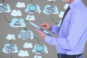 Man With Tablet Clouds Background Icons 1134 553